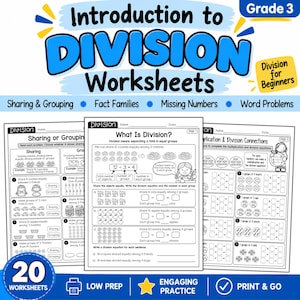 May include: A set of 20 Grade 3 division worksheets featuring educational exercises on sharing, grouping, fact families, missing numbers, and word problems. The pages include black and white illustrations of objects like cookies, cats, and apples.
