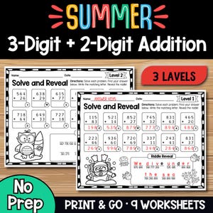 Hojas de ejercicios de suma de números de 3 y 2 dígitos / Resuelve y descubre acertijos matemáticos / 2.º y 3.º de primaria