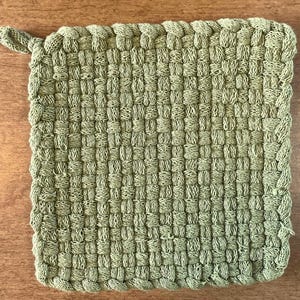 Handmade Loomed Potholder: Moss Green – Classic Simple Kitchen Decor – 100% Cotton Oven Mitt, Hot Pad, Coaster, Potholder – Artisan Gift