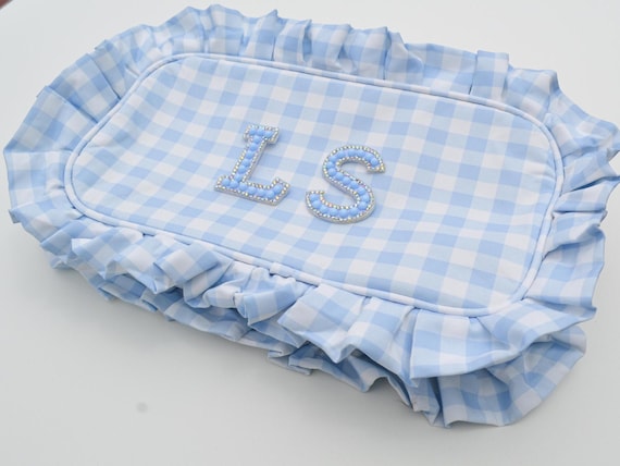 Personalized Blue Gingham Makeup Bag: Bachelorette Party Gift