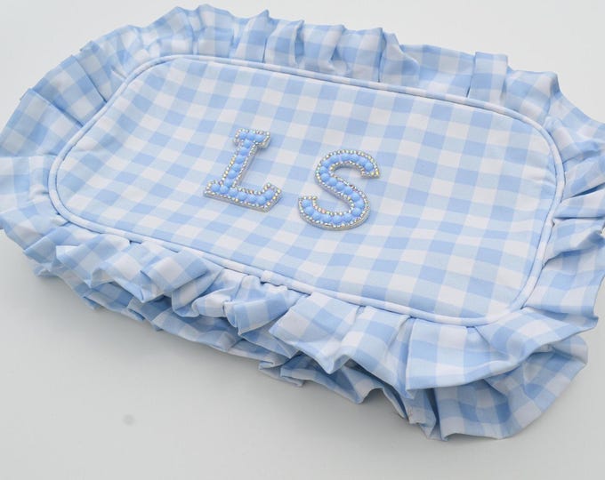 Personalized Blue Gingham Makeup Bag: Bachelorette Party Gift