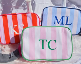 Bolsa de maquillaje con monograma personalizado, bolsa personalizada a rayas, bolsa para despedida de soltera