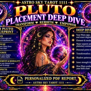 May include: A digital graphic titled ASTRO SKY TAROT 1111 PLUTO PLACEMENT DEEP DIVE featuring a person holding a glowing orb. The text lists sections for Your Pluto Blueprint and Deep Dive Into, detailing astrological chart analysis and a PDF report.