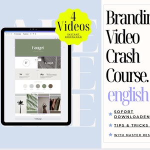 Puede incluir: Una pantalla de ordenador que muestra una maqueta de diseño de sitio web con el texto "Faugel" y "Langet". El diseño del sitio web incluye una paleta de colores, tipografía e imágenes. La pantalla está sobre un fondo azul con el texto "4 Videos Descarga instantánea" en un círculo amarillo y el texto "Branding Video Crash Course. english SOFORT DOWNLOADEN! TIPS & TRICKS WITH MASTER RESELL RIGHTS" en un rectángulo blanco.