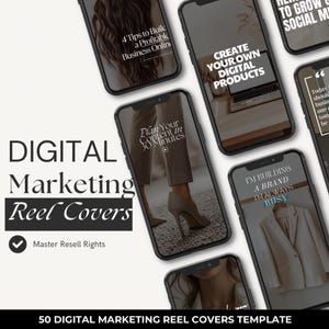 May include: A digital marketing reel covers template with a black background. The image features several smartphones displaying text like "4 Tips to Build a Profitable Business Online" and "Create Your Own Digital Products". The text "DIGITAL Marketing Reel Covers" is also visible.