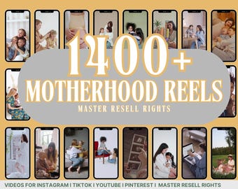 May include: A collage of images featuring mothers and children, with the text "1400+ Motherhood Reels" and "Master Resell Rights". The images are displayed in a grid format on a light yellow background.