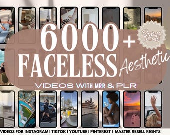 May include: A collage of images featuring 6,000+ faceless aesthetic videos with master resell rights. The text "Bonus Inside" is featured in a circle with a starburst design.