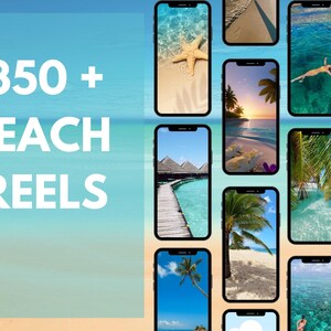 May include: A collage of 12 phone screens showcasing various beach scenes, including a starfish on the sand, a palm tree on a beach, a person swimming in the ocean, and a wooden walkway over turquoise water. The text "350+ BEACH REELS" is displayed in white letters on a blue and white background.