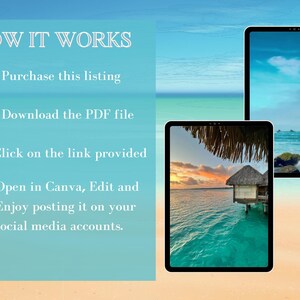 May include: A digital illustration showing how to use a Canva template. The steps are: Purchase this listing, Download the PDF file, Click on the link provided, Open in Canva, Edit and Enjoy posting it on your social media accounts.