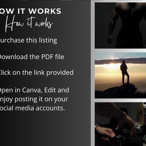 May include: A black and white graphic with instructions on how to use a Canva template. The text reads "HOW IT WORKS" and "How it works". The instructions are: "Purchase this listing", "Download the PDF file", "Click on the link provided", "Open in Canva, Edit and Enjoy posting it on your social media accounts."