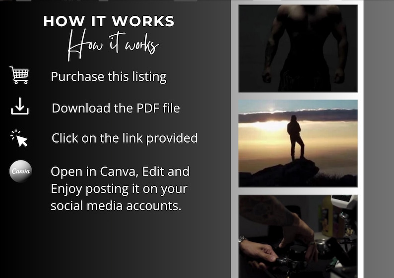May include: A black and white graphic with instructions on how to use a Canva template. The text reads "HOW IT WORKS" and "How it works". The instructions are: "Purchase this listing", "Download the PDF file", "Click on the link provided", "Open in Canva, Edit and Enjoy posting it on your social media accounts."