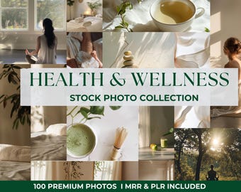 May include: A collage of images with a health and wellness theme. The images include a person meditating, a cup of tea, a matcha drink, and a stack of stones. Text on the image reads "HEALTH & WELLNESS STOCK PHOTO COLLECTION" and "100 PREMIUM PHOTOS I MRR & PLR INCLUDED."