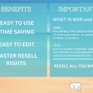 May include: A graphic with a blue and white background depicting the benefits of using a product. The benefits include: easy to use, time saving, easy to edit, and master resell rights. The graphic also explains the meaning of MRR and PLR, which are two types of digital products.