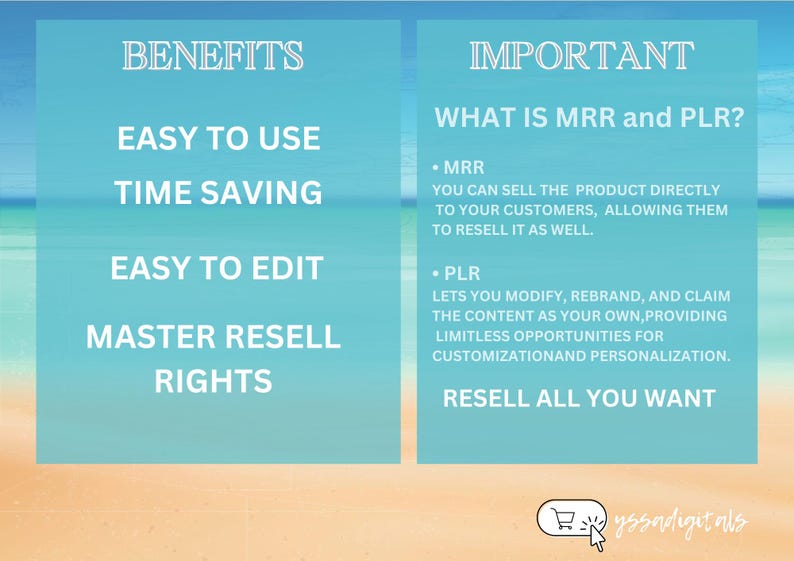 May include: A graphic with a blue and white background depicting the benefits of using a product. The benefits include: easy to use, time saving, easy to edit, and master resell rights. The graphic also explains the meaning of MRR and PLR, which are two types of digital products.