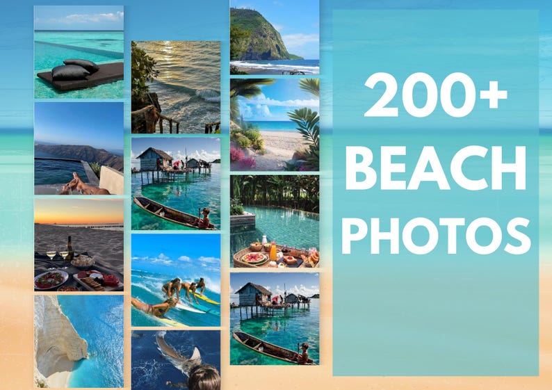 May include: A collage of 200+ beach photos featuring turquoise water, white sand, palm trees, and people enjoying water activities. The text "200+ BEACH PHOTOS" is displayed in white on a light blue background.