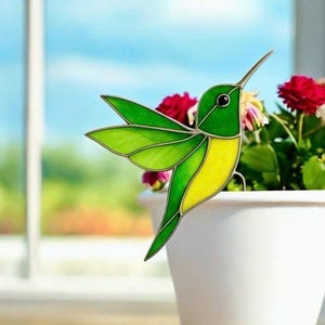 Custom stained glass  add charm to plants and windows, Stained glass hummingbird planter, Bird suncatcher, Beautiful handmade gift, Decor