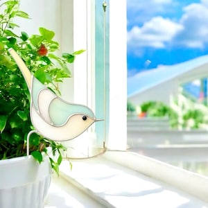 Planter Decor, Housewarming Bird suncatcher, Custom stained glass add charm to plants and windows, Stained glass Bird planter, handmade gift