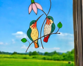 Modern stained glass window hangings, Handmade product, Custom Hummingbird stained glass suncatcher, Hummingbird Stained Glass