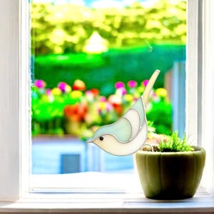 Housewarming Bird suncatcher, Custom stained glass add charm to plants and windows, Stained glass Bird planter, handmade gift, Planter Decor