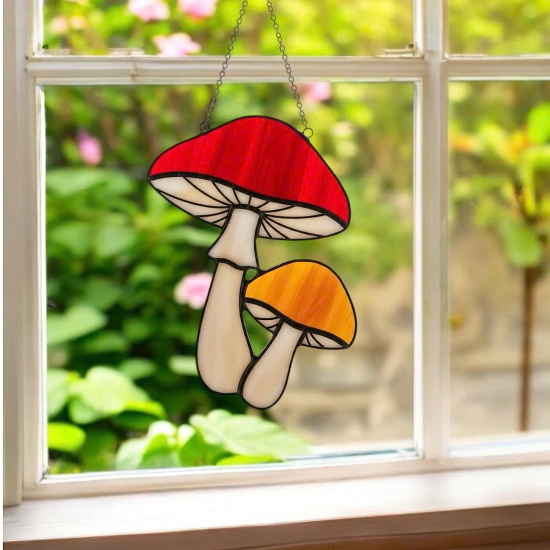Stained Glass Mushroom Suncatcher: Handmade Cottagecore Window Hanging