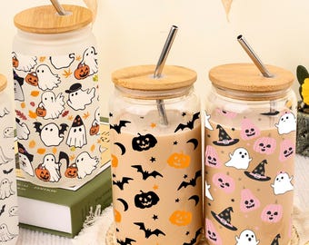 Cute Ghost Halloween Tumbler Glass, Pumpkins Glass Tumbler with Lid & Straw, Perfect Gift for Halloween Lover, Spooky Season Iced Coffee Cup