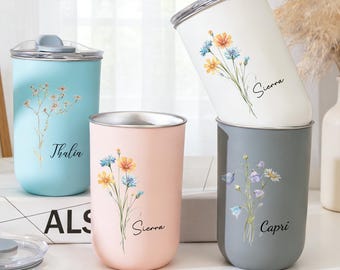 Personalized Bridesmaid Stainless Steel Tumbler with Lid, Flower and Name Wine Glass, Travel Tumbler for Her, Wedding Anniversary Favors