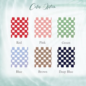 May include: Image showcasing six color options with a checkered pattern. The colors include red, pink, green, blue, brown, and deep blue. Each color is labeled underneath with its respective name. The text "Color Option" is written in cursive at the top.