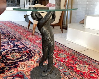 Vintage Style Golf Golfer Sculpture Glass Top Accent Table Sports Decor Trophy
