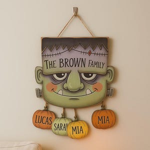 Personalized Frankenstein Halloween Door Sign: Layered Wood Family Name Decor