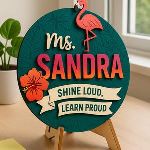Tropical Flamingo Teacher Door Sign – Bright Classroom Name Sign with Hibiscus Flowers