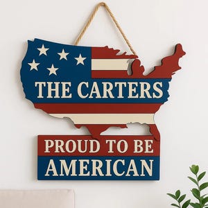 Gepersonaliseerd bord met vlag van de VS: houten decor patriottische familienaam