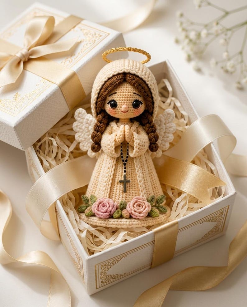 May include: A crocheted angel doll with brown braided hair, a cream-colored hooded robe, and white wings. The doll features a gold halo, a small black rosary with a cross, and pink crocheted roses at the hem, presented inside a white gift box.