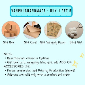 May include: A promotional graphic for VANPHUCHANDMADE featuring four circular images: brown cardboard gift boxes, a kraft paper gift card, love-patterned wrapping paper, and a white crochet flower keychain. Text includes notes on add-on accessories.