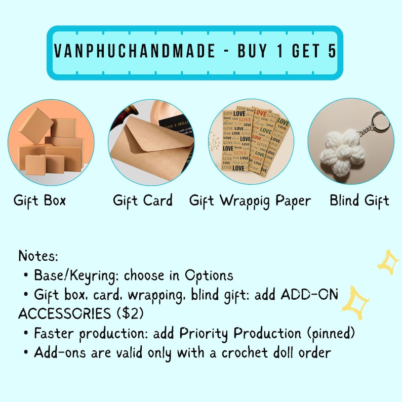 May include: A promotional graphic for VANPHUCHANDMADE featuring four circular images: brown cardboard gift boxes, a kraft paper gift card, love-patterned wrapping paper, and a white crochet flower keychain. Text includes notes on add-on accessories.