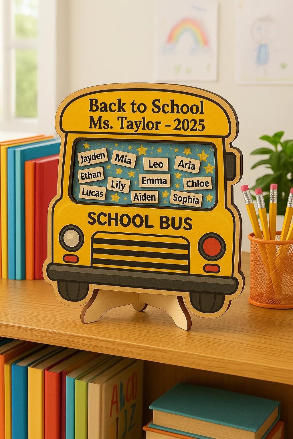 Personalized Back to School Wooden Bus Magnet – Custom Teacher Gift with Student Names for Classroom or Fridge Decor