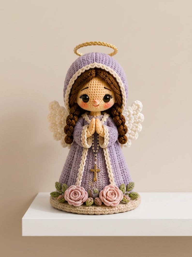 May include: A crocheted angel doll with brown braided hair, wearing a lavender hooded robe with white trim. The figure has white wings, a gold halo, and holds a rosary with a cross. The base is decorated with three pink roses and green leaves.