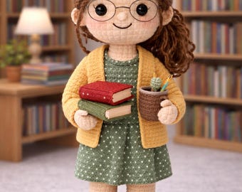Custom Crochet Librarian Doll, Handmade Plush, Personalized Book Lover Gift