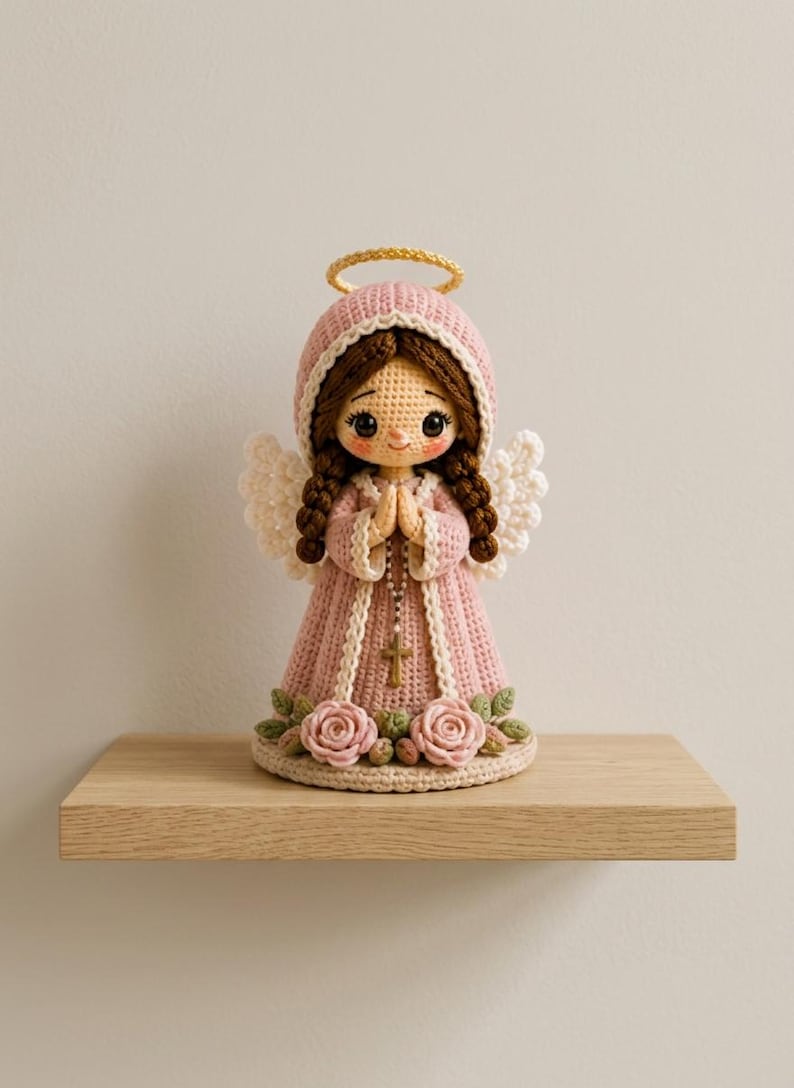 May include: A crocheted angel doll with brown hair in braids, wearing a pink hooded robe with white trim. The doll has white wings, a gold halo, and holds a small rosary with a cross. The base is decorated with pink roses and green leaves.
