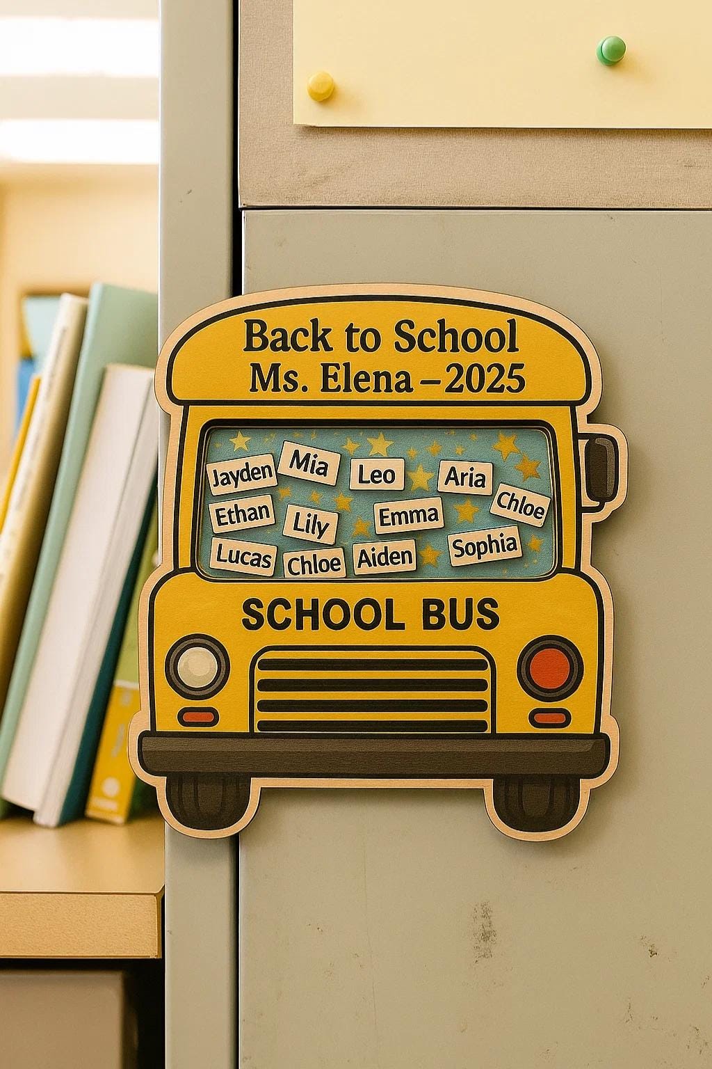 Personalized Back to School Wooden Bus Magnet – Custom Teacher Gift with Student Names for Classroom or Fridge Decor