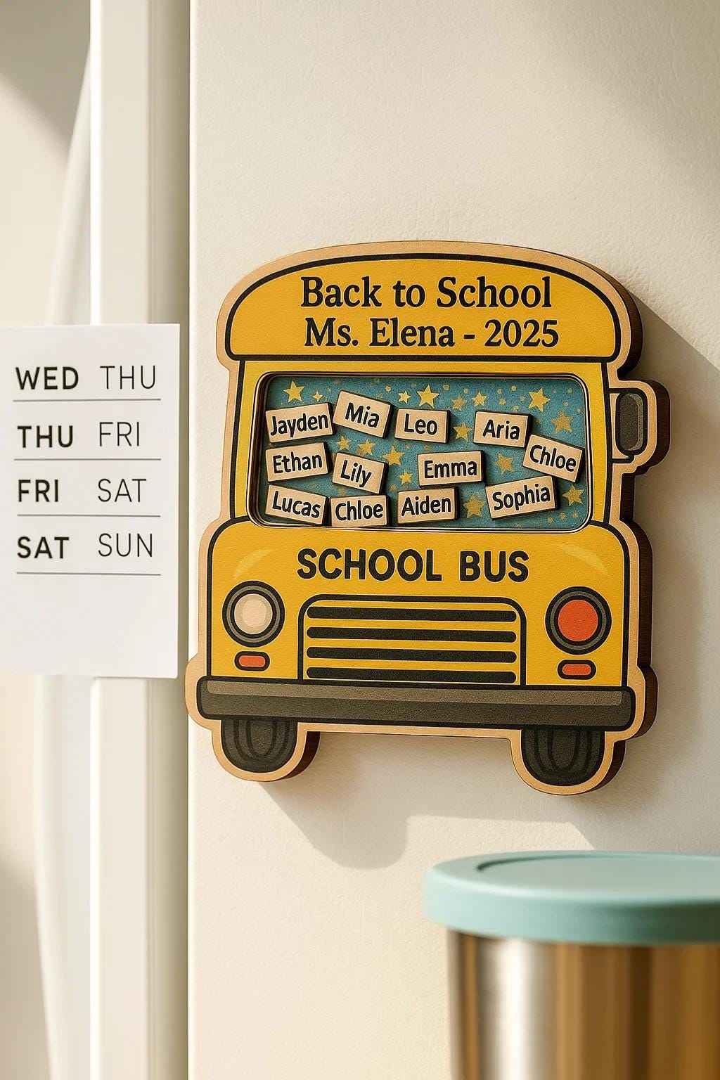 Personalized Back to School Wooden Bus Magnet – Custom Teacher Gift with Student Names for Classroom or Fridge Decor