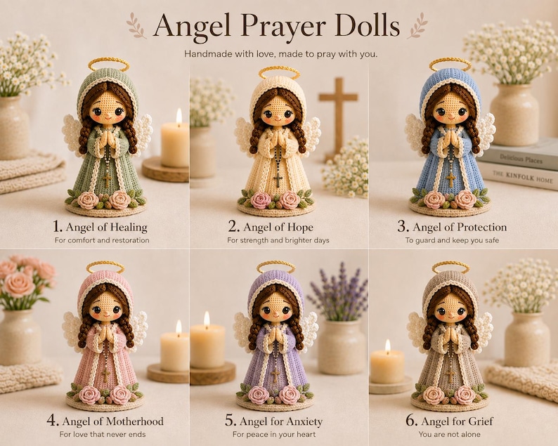 May include: Six crochet angel prayer dolls with gold halos, white wings, and brown hair, each wearing a different colored robe with roses at the base. The dolls are labeled 1 through 6 with titles including Angel of Healing, Hope, Protection, Motherhood, Anxiety, and Grief.