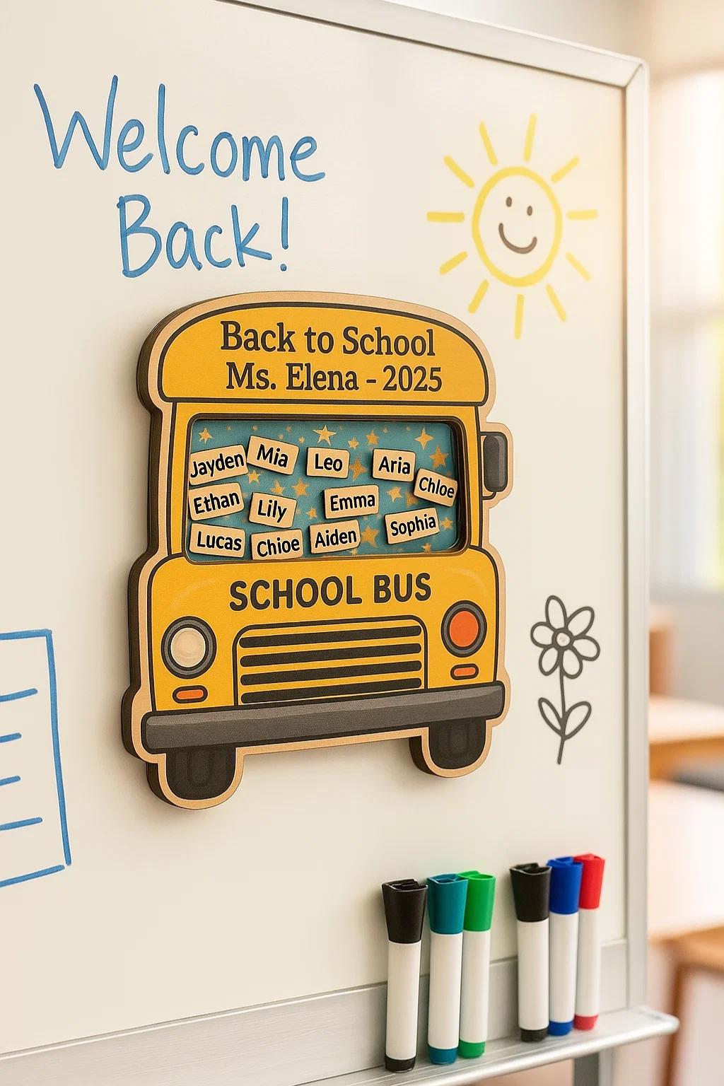 Personalized Back to School Wooden Bus Magnet – Custom Teacher Gift with Student Names for Classroom or Fridge Decor