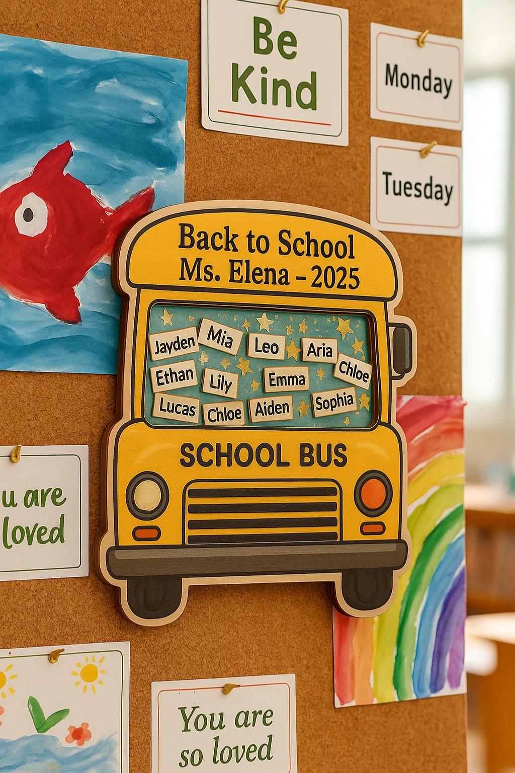 Personalized Back to School Wooden Bus Magnet – Custom Teacher Gift with Student Names for Classroom or Fridge Decor