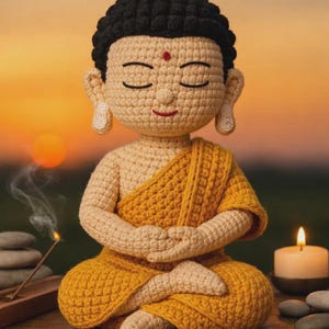 Könnte beinhalten: Eine gehäkelte Buddha-Statue in meditativer Pose, mit geschlossenen Augen und in den Schoß gelegten Händen. Die Figur trägt ein gelbes Gewand und hat einen schwarzen Haarknoten. Räucherstäbchen und eine brennende Kerze sind im Hintergrund, mit einem Sonnenuntergang.