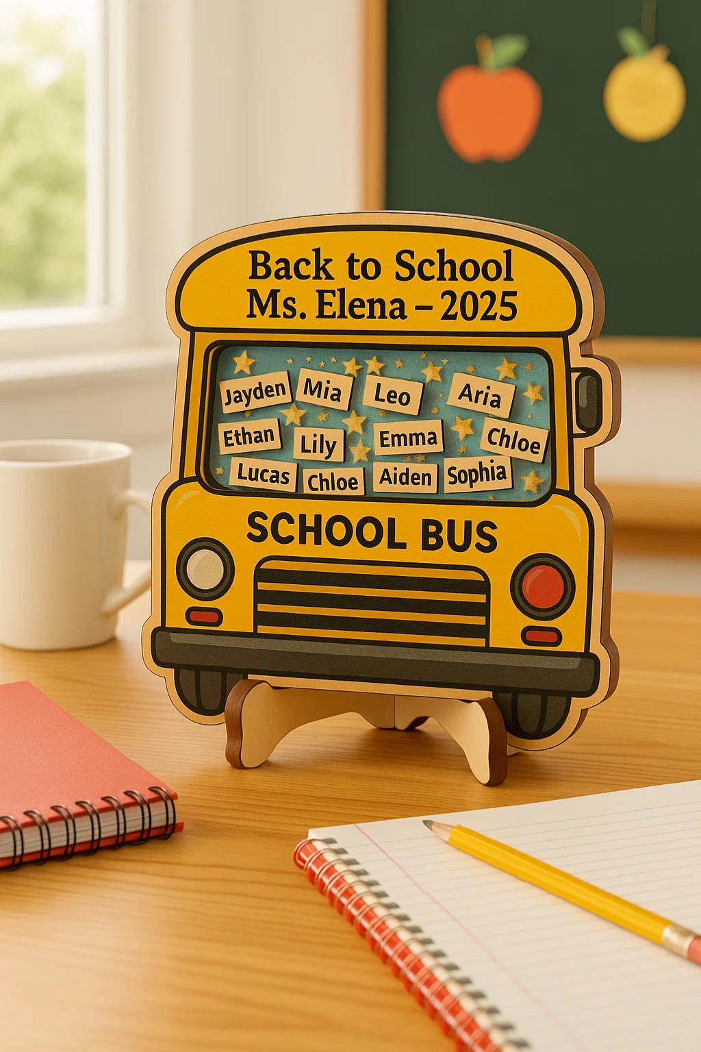 Personalized Back to School Wooden Bus Magnet – Custom Teacher Gift with Student Names for Classroom or Fridge Decor