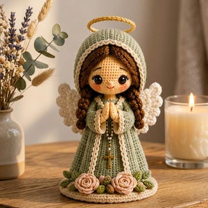 May include: A crocheted angel figurine with brown braided hair, wearing a sage green hooded robe with white trim. The angel has white wings, a yellow halo, and holds a rosary with a gold cross. The base is decorated with pink roses and leaves.