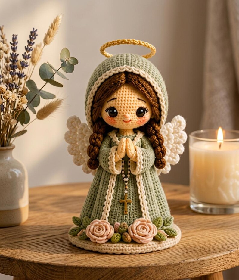May include: A crocheted angel figurine with brown braided hair, wearing a sage green hooded robe with white trim. The angel has white wings, a yellow halo, and holds a rosary with a gold cross. The base is decorated with pink roses and leaves.