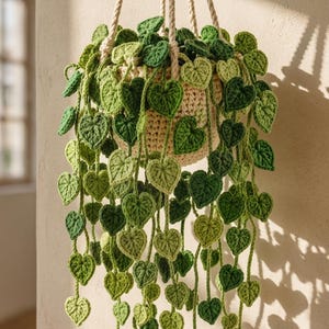 Può includere: Una pianta pensile all'uncinetto con un vaso color crema sospeso da una spessa corda intrecciata. La pianta è composta da numerose foglie a forma di cuore in varie tonalità di verde, dal verde lime chiaro al verde bosco scuro.