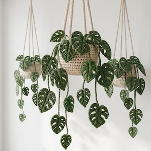 Può includere: Tre vasi sospesi realizzati in filato color crema, ciascuno contenente una pianta di monstera all'uncinetto con foglie verde scuro. Le piante presentano un fogliame dettagliato e traforato con lunghi viticci pendenti.