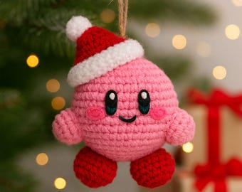 Christmas Kir.by Inspired Crochet Plush – Kawaii Pink Ball Amigurumi, Handmade Crochet Kir.by Ornament, Handmade Christmas Tree Decor